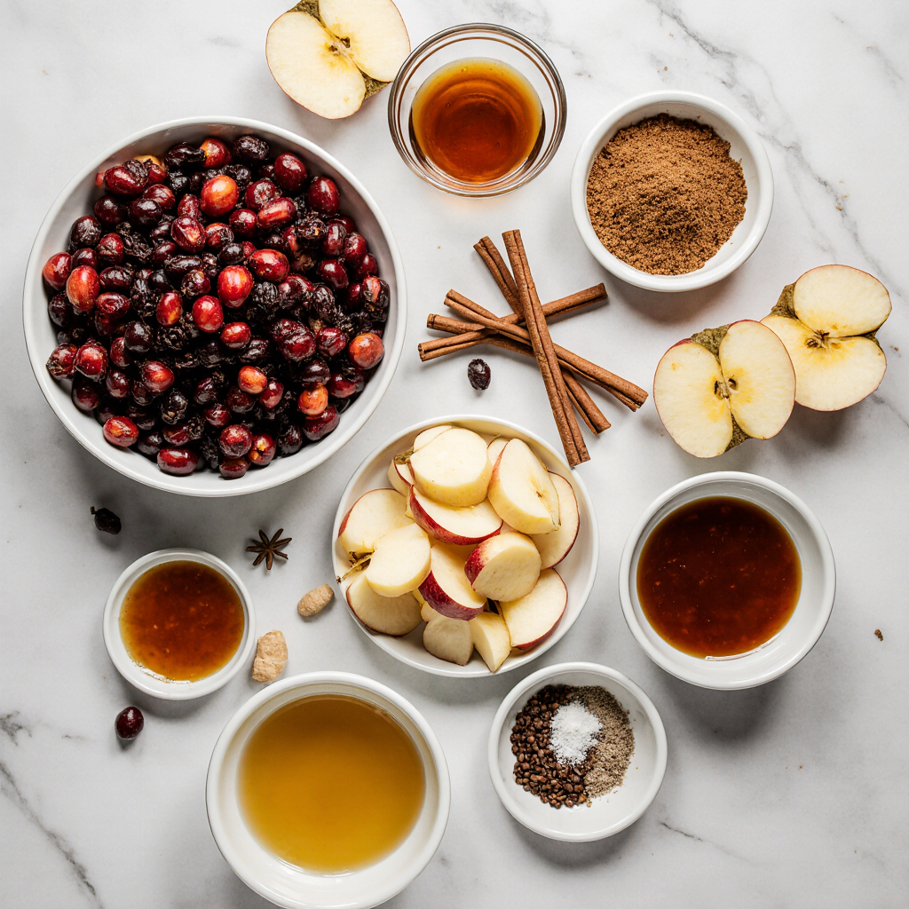 Flat-lay of ingredients for Apple & Cranberry Chutney: fresh cranberries, diced apples, brown sugar, apple cider vinegar, small onion, grated fresh ginger, cinnamon, cloves, nutmeg, orange zest, orange juice, salt, optional raisins. Clean white marble background, bright natural lighting, neatly arranged, minimalistic food styling, crisp and high-resolution.