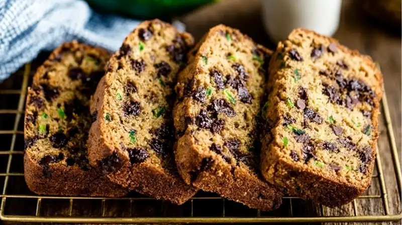 Close-up of chocolate chip zucchini bread with melty chips and golden crust